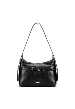 Sac à épaule en cuir noir avec une texture douce, une forme incurvée, une courte bandoulière, deux boucles décoratives, et un minimum de détails matériels.