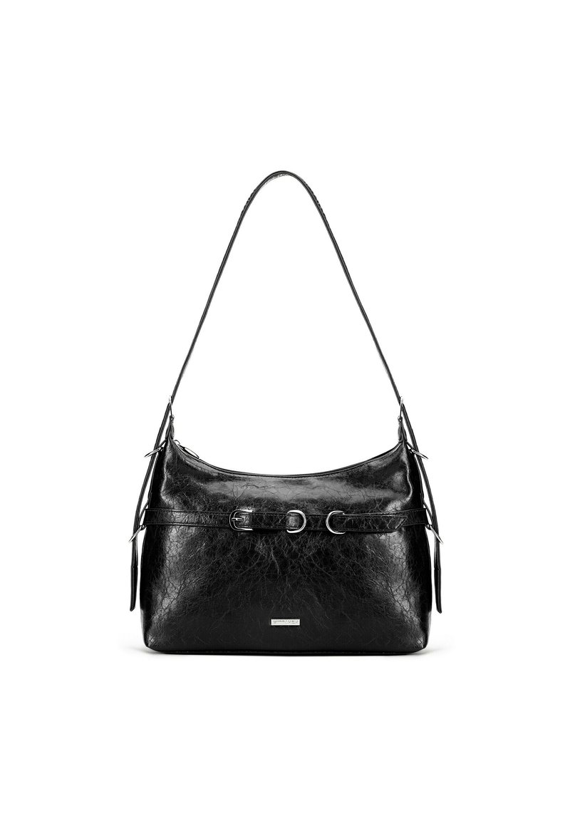 Czarna skórzana torba na ramię o miękkiej fakturze, z zaokrąglonym kształtem, krótkim paskiem, dwoma dekoracyjnymi pętlami i minimalnymi detalami metalowymi.