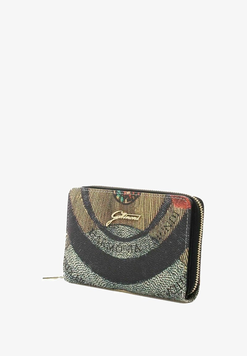 Portafoglio con zip in materiale sintetico testurizzato, design grafico multicolore e hardware dorato con accento del logo.