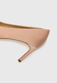 Nude-fargede, satinsko høyhælte sko med spiss tå, en strømlinjeformet fasong og en slank stiletthæl. Glatt tekstur med minimale detaljer.