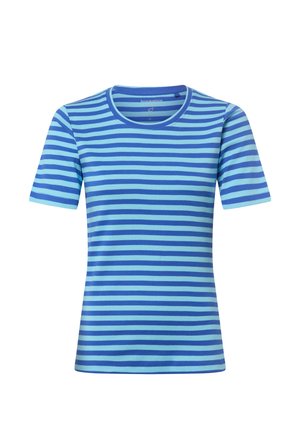 Niebieska i jasno-niebieska koszulka z krótkim rękawem, w poziome pasy, o kroju przylegającym, z gładką fakturą materiału.