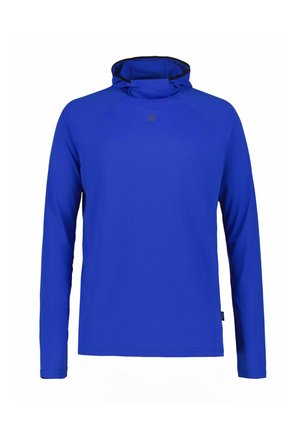 Lang blauw koningsblauw hoodie met lange mouwen, een klein logo op de borst en een nauwsluitende capuchon, afgebeeld op een effen witte achtergrond.