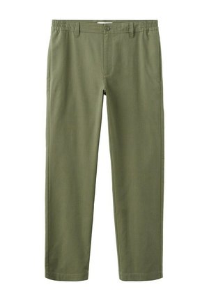 Pantaloni verdi oliva a gamba dritta con elastico in vita, chiusura con bottone, passanti per cintura e tasche laterali, mostrati su sfondo bianco.