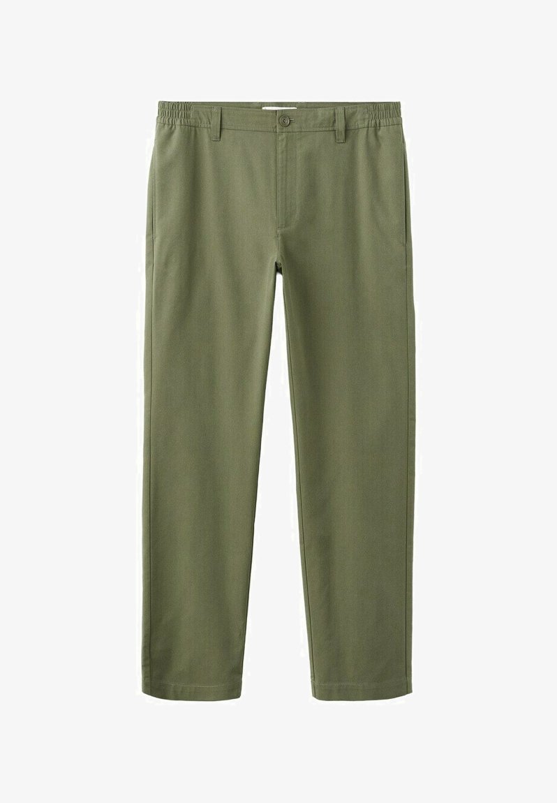 Pantalon droit couleur vert olive avec ceinture élastique, fermeture par bouton, passants de ceinture et poches latérales, présenté sur fond blanc.
