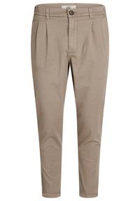 Pantaloni beige in tessuto liscio, con pieghe frontali, chiusura con bottone e gamba affusolata. Nessuna tasca visibile.