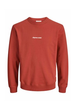 Sudadera de algodón roja con puños y dobladillo acanalados. Presenta un logo en script blanco en el pecho y un cuello redondo. Diseño minimalista.