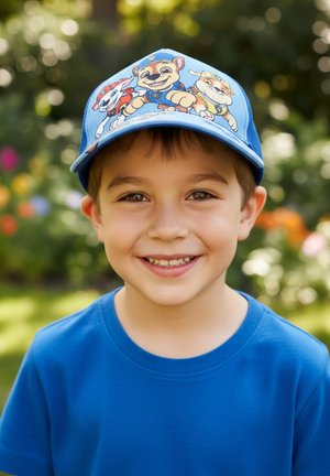 Lächelnder Junge trägt ein blaues T-Shirt und eine blaue Kappe mit drei Comic-Hunden, draußen mit unscharfem Hintergrund aus grünen Pflanzen und Blumen.