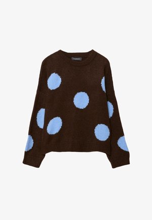 Brauner, gestrickter Pullover mit großen hellblauen Punkten. Verfügt über einen Rundhalsausschnitt und eine lockere Passform. Weiche Textur, gerippte Bündchen und Saum.