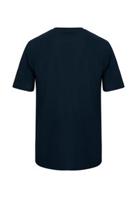 Marinblå bomullströja med korta ärmar och rundad halsringning, med en enkel design och jämn textur, utan synliga grafik.