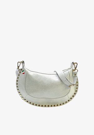 White semi-circular handbag with gold studs along edges, detachable strap, zipper closure, and small Italian flag tag on side.