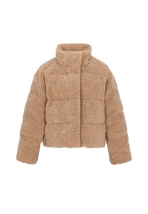 Bēšs saīsināts žakets, izgatavots no mīksta, teksturēta materiāla, ar augstu apkakli un kvadrātveida šuvēm, piešķirot papildus detaļas.