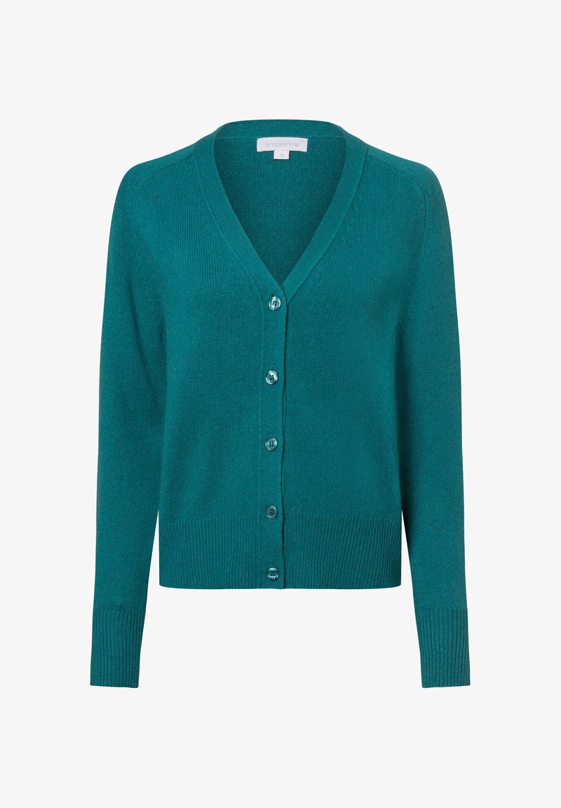 Türkisfarbene Strickjacke mit V-Ausschnitt, langen Ärmeln und sechs Knöpfen vorne. Aus einem weichen, strukturierten Strickstoff gefertigt. Rippbündchen am Saum und an den Ärmeln.