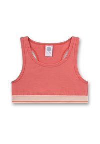 Korallfarbener Crop-Top aus weichem, dehnbarem Stoff. Mit einem beigen horizontalen Streifen am Saum und Racerback-Design. Etikett auf der Innenseite.