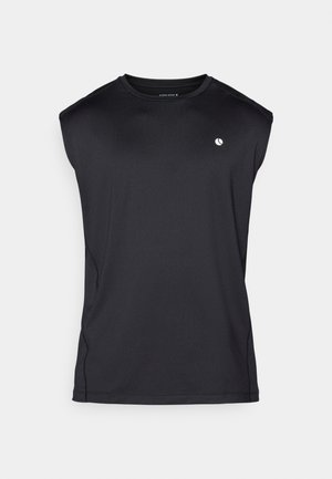 Sorte ærmeløs atletisk skjorte med rund halsudskæring, lavet af glat stof, med et lille logo på brystet og detaljer i sidesømmen.