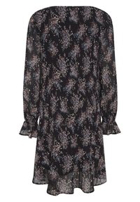 Svart blommig klänning med lång ärm, volangmanschetter och lager på kant. Har en plisserad design med mönster av rosa, blå och vita blommor.