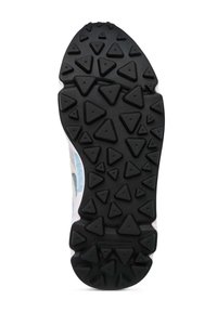 Suola in gomma nera con prominenti lugs triangolari per trazione, completata da un sottopiede azzurro chiaro e una sezione superiore grigia.