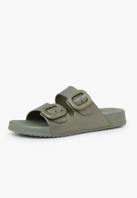 Green slide sandals with two adjustable buckles, textured synthetic upper, and a rubber sole featuring a patterned grip.