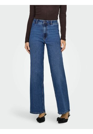 Jean denim bleu taille haute avec une coupe à jambes larges, doté d'un design classique à cinq poches et de coutures contrastantes.