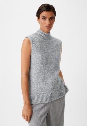 Maglione senza maniche color grigio chiaro, in tessuto a maglia testurizzata, con orlo a costine, vestibilità casual, che presenta una silhouette leggermente morbida.