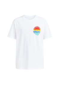 White cotton t-shirt featuring a colorful graphic of a sunset and waves in red, orange, yellow, blue, and turquoise on the chest.