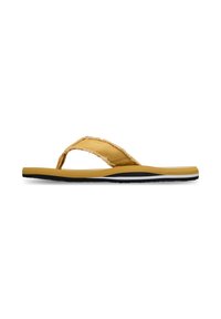 Gul flip-flop sandaler med ett texturerat tygband, en dämpad mellansula och en svart gummisula med vita accentlinjer.