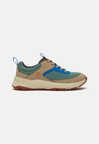 Lightweight sneakers with a green mesh upper, beige synthetic overlays, and orange accents. Features a cushioned sole and textured brown outsole.