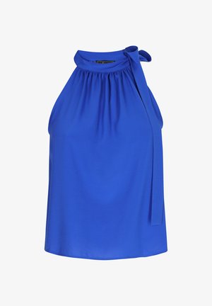 Blue halter top with gathered neckline, featuring a bow tie at the shoulder, smooth fabric, and a slightly loose fit.