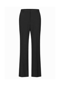 Czarne spódnice typu dzwony wykonane z gładkiego materiału z dopasowanym pasem i fałdami z przodu. Prosta nogawka sięgająca kostek.