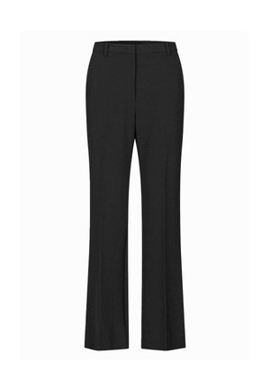 Černé zvonové kalhoty vyrobené z hladké tkaniny s upraveným pasem a předními sklady. Rovný střih sahající až k kotníkům.