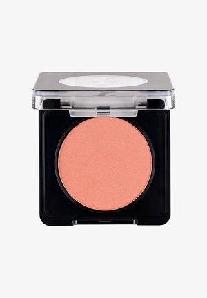 Compact black plastic case with transparent lid containing a round pan of peach-colored pressed powder blush.