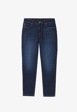 Donkerblauwe spijkerbroek van denim met een recht model, vijf zakken en contrasterende gele stiksels. Heeft een klassieke knoopsluiting en ritssluiting.