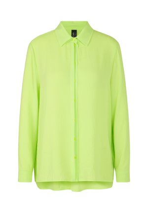 Lime green long-sleeve button-up shirt featuring a classic collar, front placket, and subtle sheen. Smooth texture, relaxed fit.