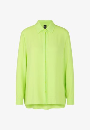 Lime green long-sleeve button-up shirt featuring a classic collar, front placket, and subtle sheen. Smooth texture, relaxed fit.