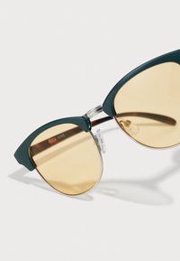 Gafas de sol de ojo de gato con montura de plástico verde y lentes tintados de color amarillo claro. Presentan detalles en plata y almohadillas nasales ajustables.