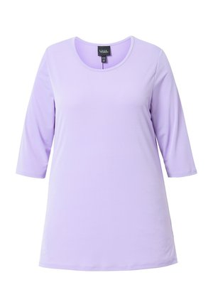 Lila Tunika mit drei Viertelärmeln, rundem Halsausschnitt und glattem Stoff. Verfügt über eine lockere Passform und einen geraden Saum.