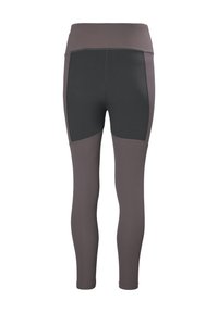 Leggings met een hoge tailleband, gekenmerkt door een donkergrijze paneel aan de bovenkant en lichtbruin materiaal. Vloeiende textuur, aansluitend ontwerp.