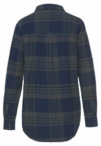 Navy blue plaid shirt with green accents, long sleeves, button cuffs, and a back yoke. Soft fabric with a relaxed fit and curved hem.