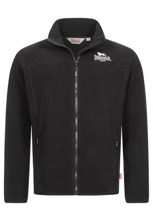 SchwarzFleecejacke mit hohem Kragen, Frontreißverschluss und zwei seitlichen Taschen. Verfügt über ein kleines Logo auf der linken Brust und ein rotes Union-Jack-Tag.