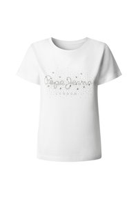 Bílý tričko s krátkým rukávem s logem posetým stříbrnými hroty, které na přední straně píše "Pepe Jeans" a pod ním "London".