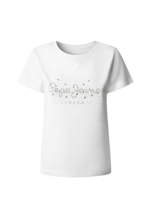 Λευκό T-shirt κοντό μανίκι με ασημένια καρφιά στο λογότυπο που γράφει "Pepe Jeans" και "Λονδίνο" από κάτω στο μπροστινό μέρος.