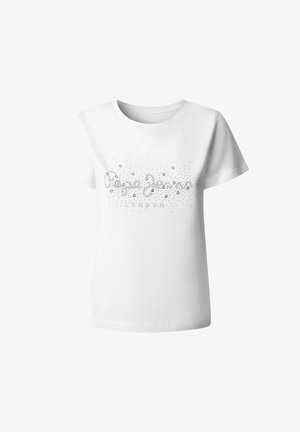 Λευκό T-shirt κοντό μανίκι με ασημένια καρφιά στο λογότυπο που γράφει "Pepe Jeans" και "Λονδίνο" από κάτω στο μπροστινό μέρος.