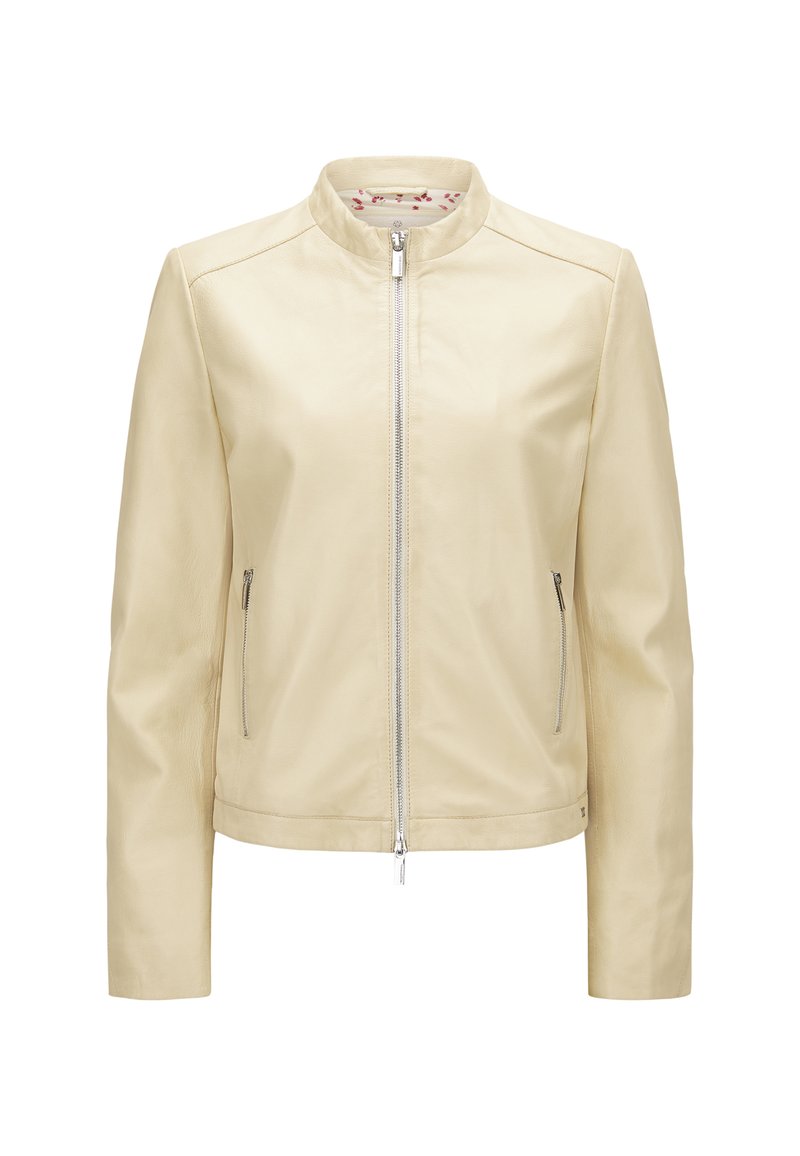 Helle gelbe Lederjacke mit Stehkragen, Frontreißverschluss und zwei Seitentaschen. Verfügt über eine glatte Textur und ein minimalistisches Design.