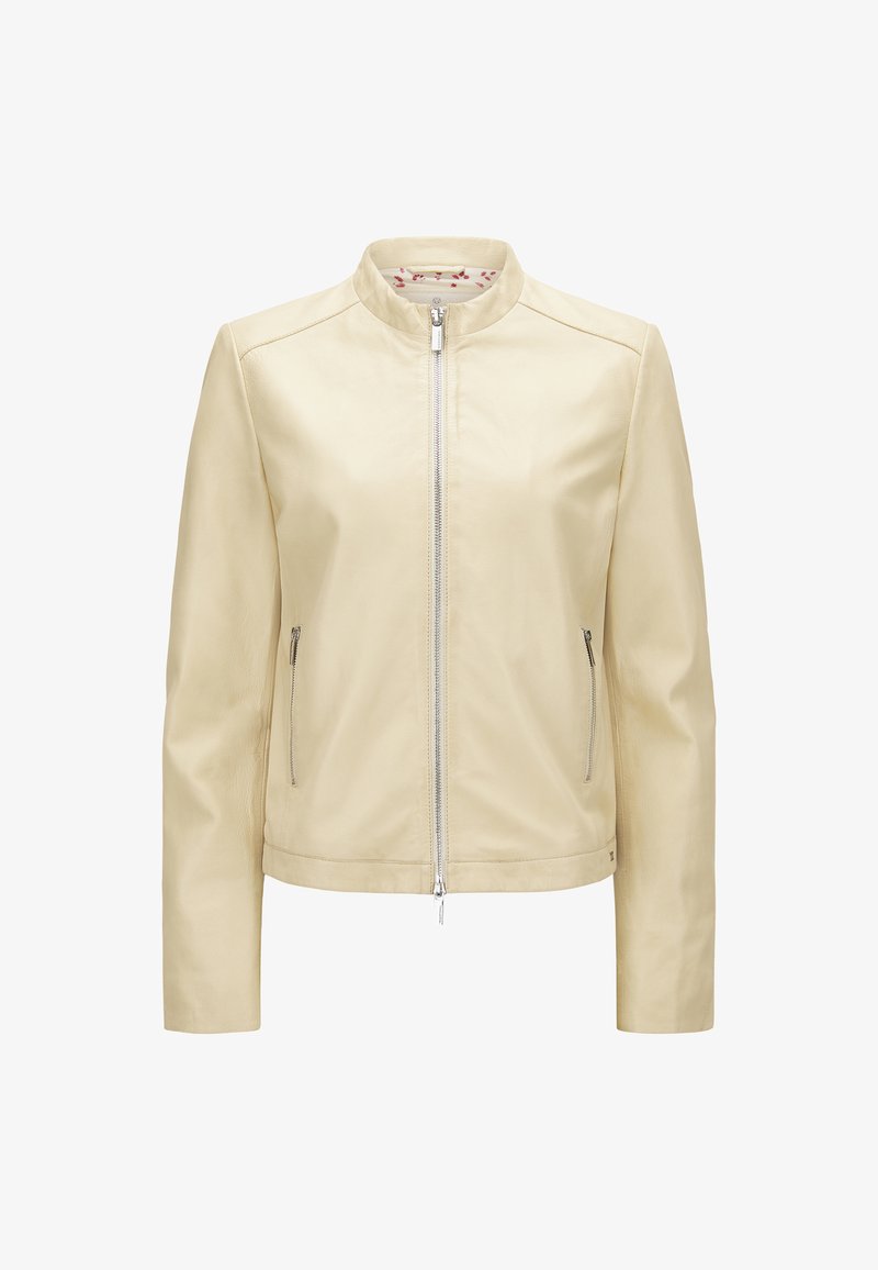 Helle gelbe Lederjacke mit Stehkragen, Frontreißverschluss und zwei Seitentaschen. Verfügt über eine glatte Textur und ein minimalistisches Design.