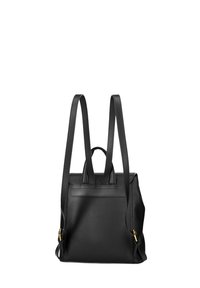 Zaino in pelle nera con finitura texturizzata, spallacci doppi, manico superiore e accessori in metallo dorato per la chiusura.
