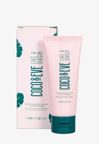 Coco & Eve haarmasker in een roze tube met teal accenten, voorzien van een tropisch bladontwerp en tekst. Kartonnen doos met bijpassend ontwerp. 68 ml.