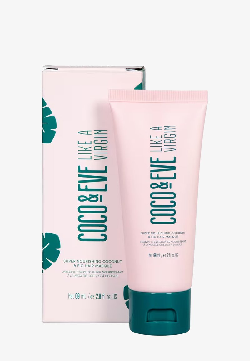 Coco & Eve haarmasker in een roze tube met teal accenten, voorzien van een tropisch bladontwerp en tekst. Kartonnen doos met bijpassend ontwerp. 68 ml.