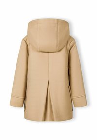 Béžový vonkajší odev s kapucňou, s rovnými líniami, bočnými vreckami a zadným rozparkom pre pohodlný pohyb. Mäkká štruktúra a minimalistický dizajn.