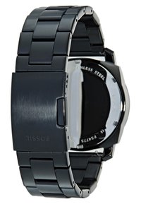 Sort rustfrit stål ur med et linkarmbånd, børstede og polerede overflader, samt en rund urskive med en blank bezel. Har en låseanordning.