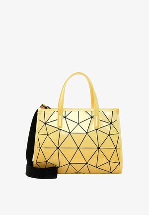 Borsa a mano gialla in vernice con motivi geometrici neri, doppi manici superiori e tracolla nera rimovibile. Forma rettangolare.
