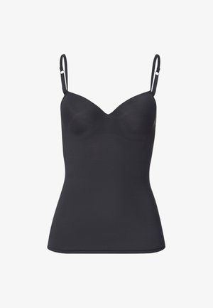 Camisole noire avec des bretelles fines réglables, une texture lisse et une silhouette ajustée avec un design décolleté en V subtil.